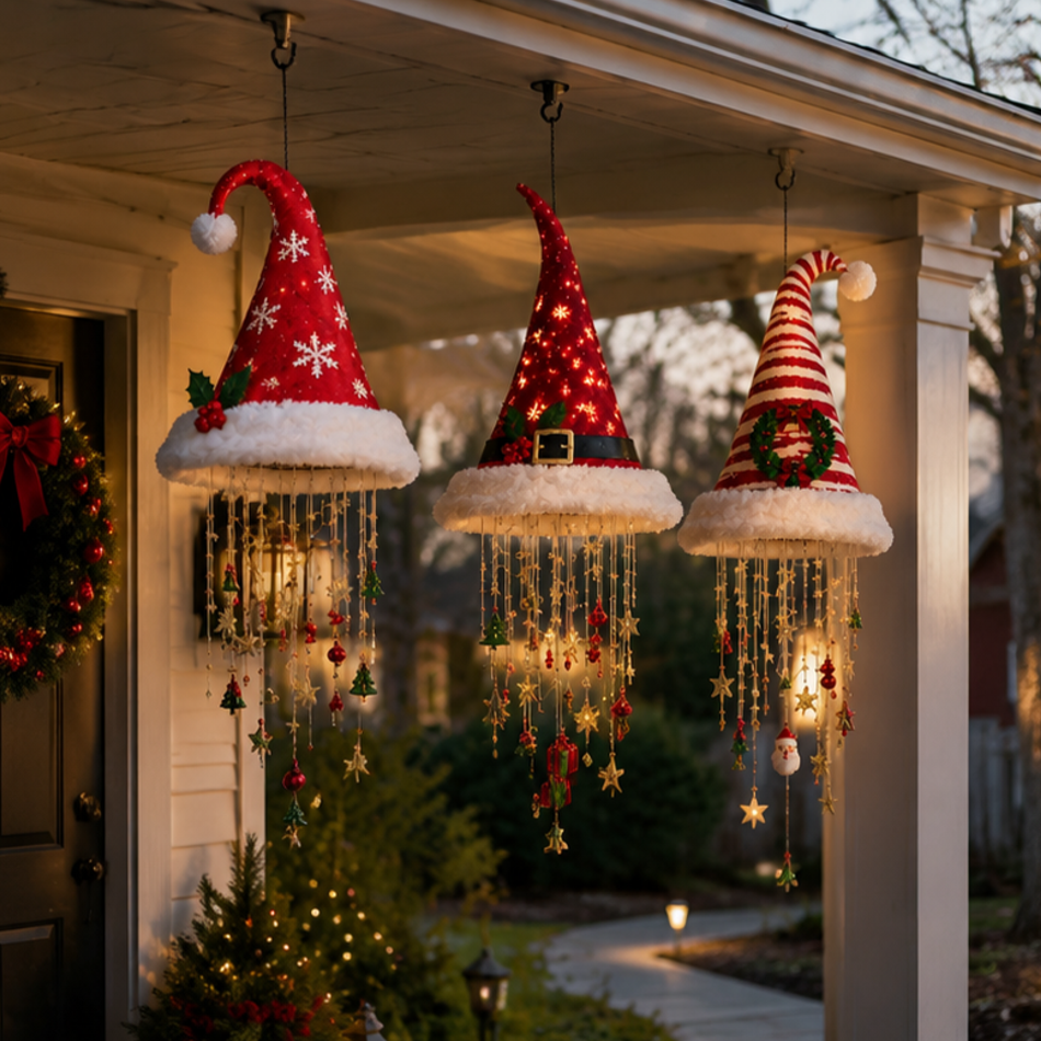 🎅 Lighted Santa Hat Hanging Chandelier 🎄 | 5 Styles Warm LED Christmas String Light | Indoor Outdoor Porch Holiday Decor Gift